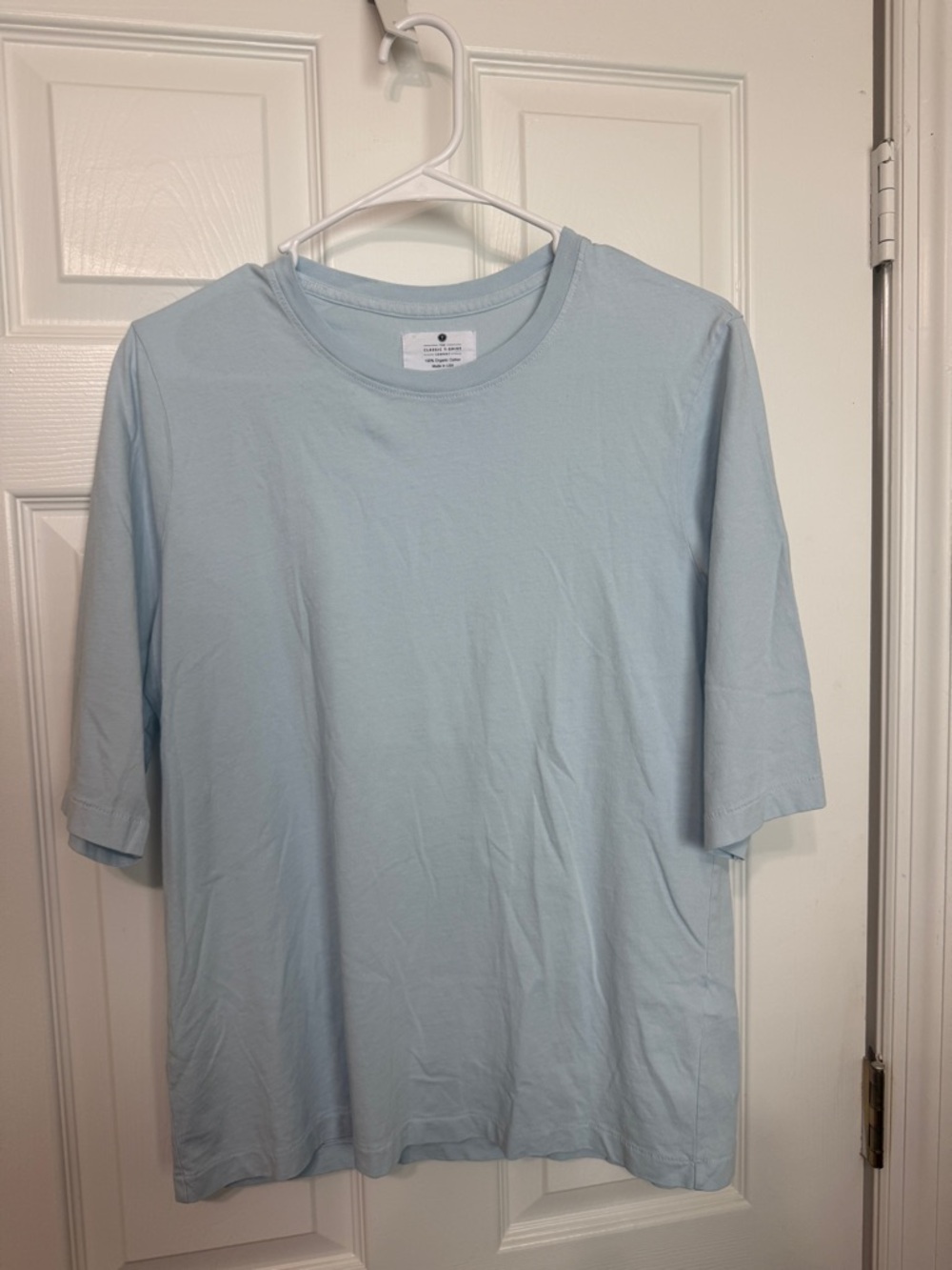 The Classic T-Shirt Company Womens Elbow Sleeve Crew Neck in sky blue
